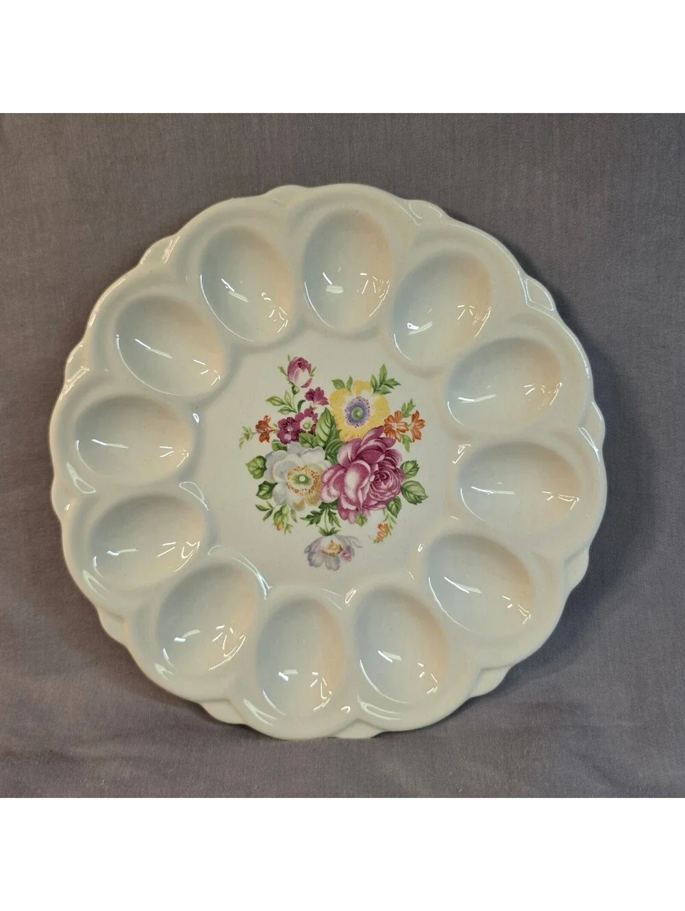 Vintage E&R American Artware Deviled Egg Plate Tray 12 Slot Mid Century Floral